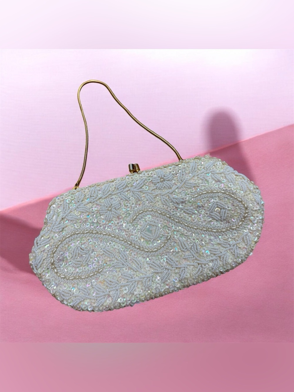 Hong Kong vintage Hand Beaded Evening Bag clutch Floral Sequin with gold chain